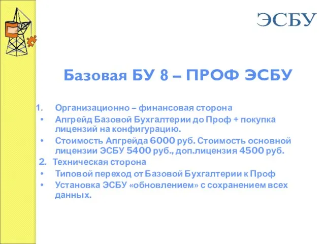 Базовая БУ 8 – ПРОФ ЭСБУ Организационно – финансовая сторона Апгрейд Базовой