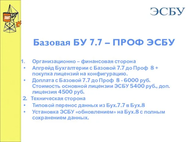 Базовая БУ 7.7 – ПРОФ ЭСБУ Организационно – финансовая сторона Апгрейд Бухгалтерии