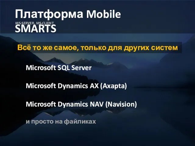 Платформа Mobile SMARTS MS-SERVER, MS-CLIENT Всё то же самое, только для других