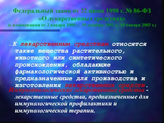 Федеральный закон от 22 июня 1998 г. № 86-ФЗ «О лекарственных средствах»