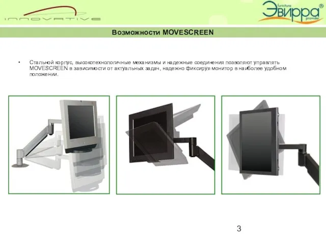 Возможности MOVESCREEN Стальной корпус, высокотехнологичные механизмы и надежные соединения позволяют управлять MOVESCREEN