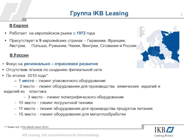 Группа IKB Leasing В Европе Работает на европейском рынке с 1972 года