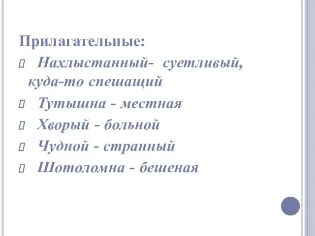 Прилагательные: Нахлыстанный- суетливый, куда-то спешащий Тутышна - местная Хворый - больной Чудной