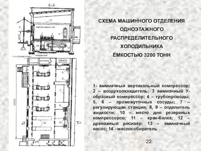 СХЕМА МАШИННОГО ОТДЕЛЕНИЯ ОДНОЭТАЖНОГО РАСПРЕДЕЛИТЕЛЬНОГО ХОЛОДИЛЬНИКА ЁМКОСТЬЮ 3200 ТОНН 1- аммиачный вертикальный