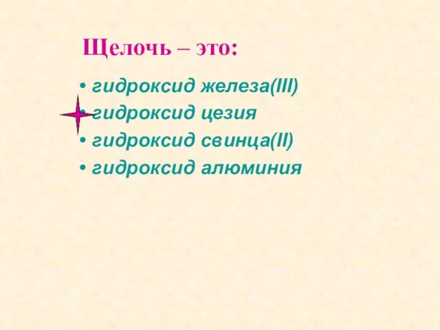 гидроксид железа(III) гидроксид цезия гидроксид свинца(II) гидроксид алюминия Щелочь – это: