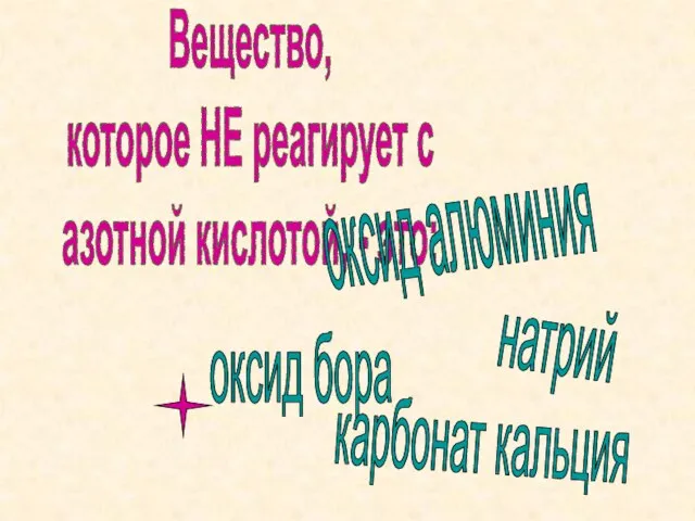 Вещество, которое НЕ реагирует с азотной кислотой, - это: оксид алюминия натрий оксид бора карбонат кальция