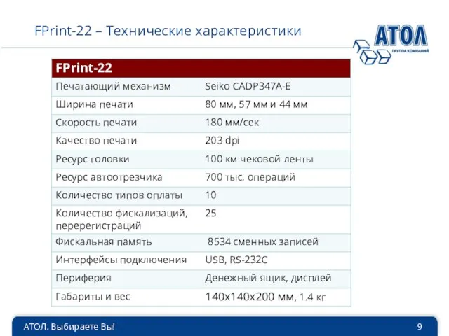 АТОЛ. Выбираете Вы! FPrint-22 – Технические характеристики