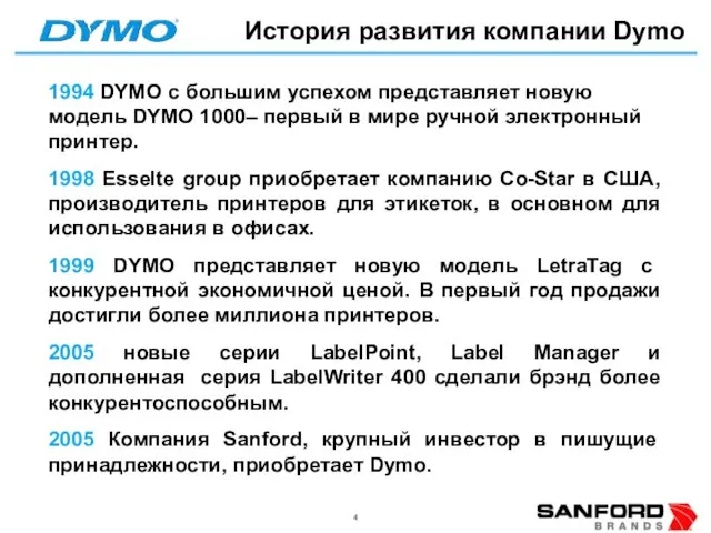 История развития компании Dymo 1994 DYMO с большим успехом представляет новую модель