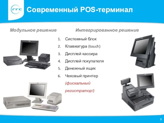 Современный POS-терминал Модульное решение Интегрированное решение Системный блок Клавиатура (touch) Дисплей кассира