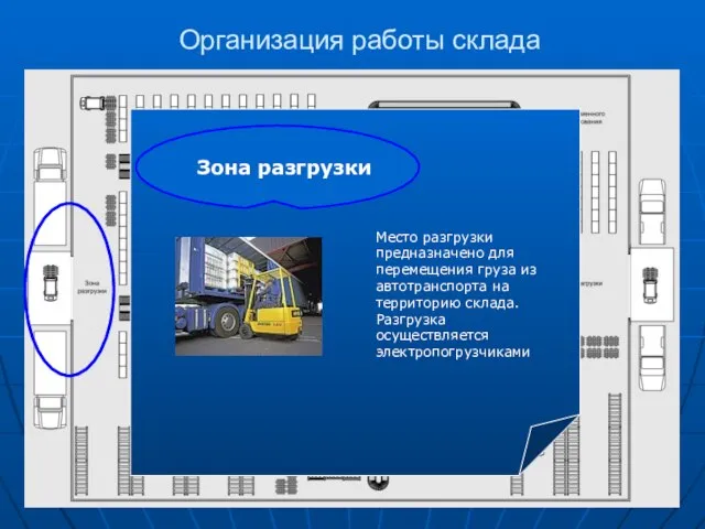 Организация работы склада Зона разгрузки Место разгрузки предназначено для перемещения груза из