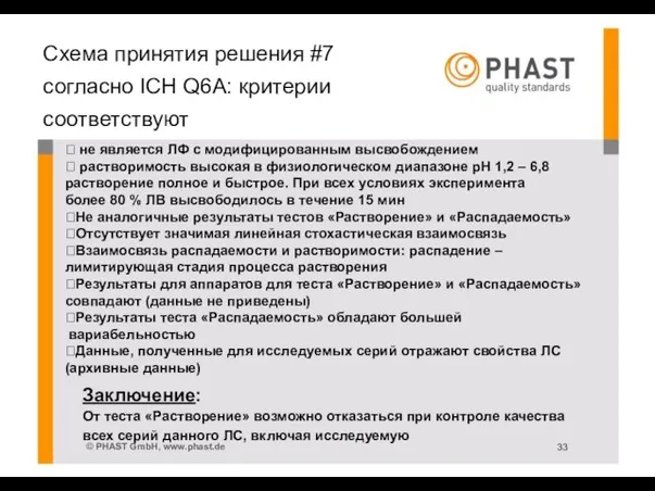 Схема принятия решения #7 согласно ICH Q6A: критерии соответствуют  не является