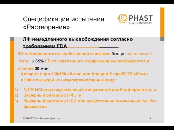 Спецификации испытания «Растворение» ЛФ немедленного высвобождения согласно требованиям FDA: ЛФ немедленного высвобождения