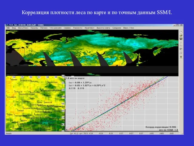 Корреляция плотности леса по карте и по точным данным SSM/I.