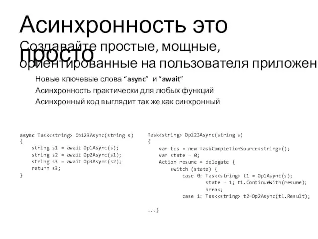 Асинхронность это просто Task Op123Async(string s) { var tcs = new TaskCompletionSource