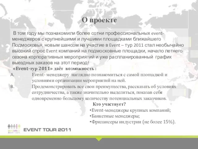 О проекте В том году мы познакомили более сотни профессиональных event- менеджеров