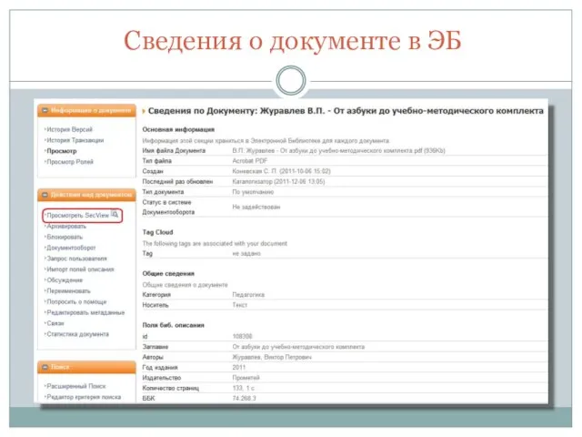 Сведения о документе в ЭБ