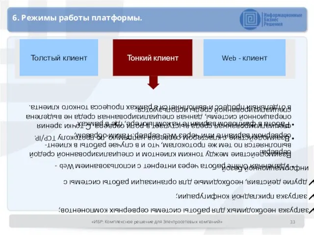 6. Режимы работы платформы. Тонкий клиент Толстый клиент Web - клиент Удаленная