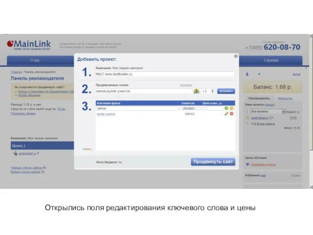 Открылись поля редактирования ключевого слова и цены