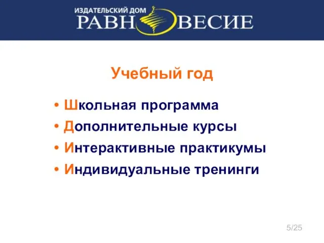 Учебный год Школьная программа Дополнительные курсы Интерактивные практикумы Индивидуальные тренинги 5/25