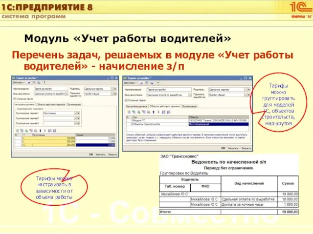 Модуль «Учет работы водителей» Перечень задач, решаемых в модуле «Учет работы водителей»