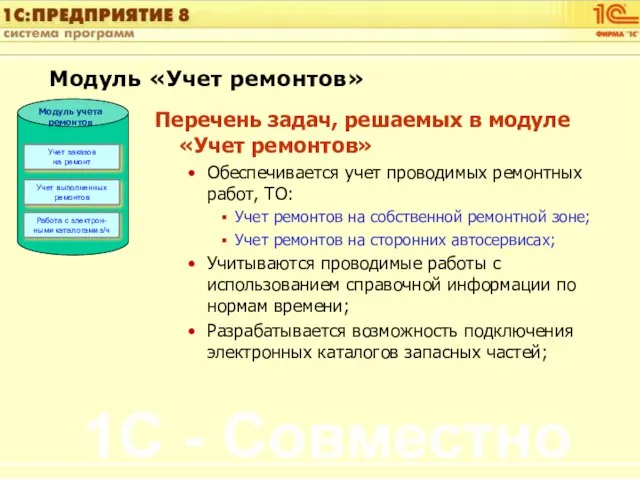 Перечень задач, решаемых в модуле «Учет ремонтов» Обеспечивается учет проводимых ремонтных работ,