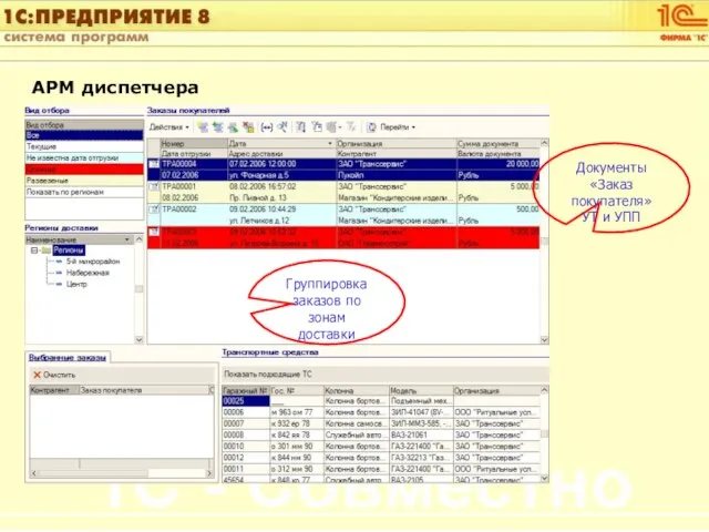 АРМ диспетчера Документы «Заказ покупателя» УТ и УПП Группировка заказов по зонам доставки