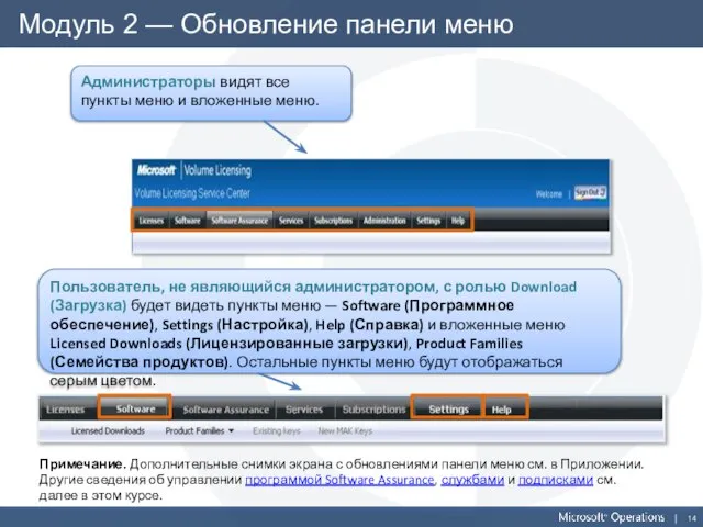 Модуль 2 — Обновление панели меню Администраторы видят все пункты меню и