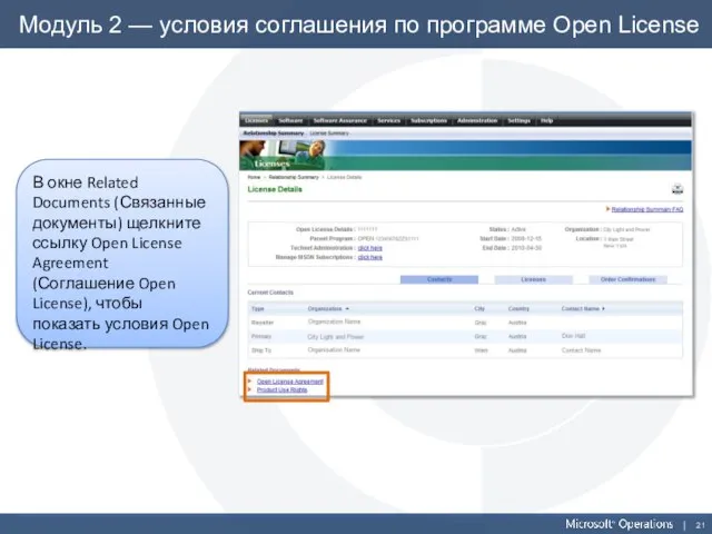 Модуль 2 — условия соглашения по программе Open License В окне Related