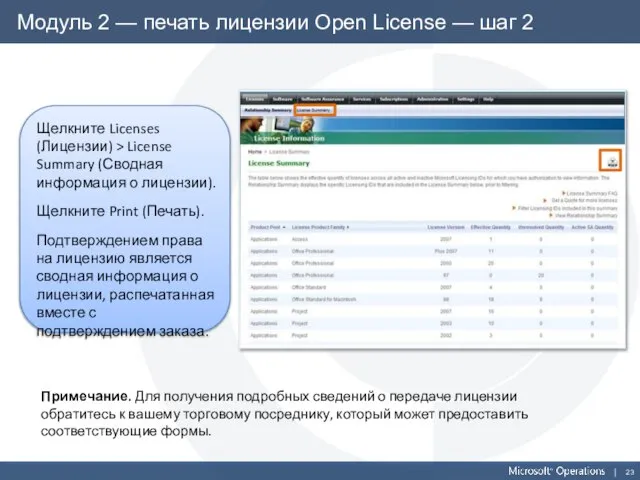 Модуль 2 — печать лицензии Open License — шаг 2 Щелкните Licenses