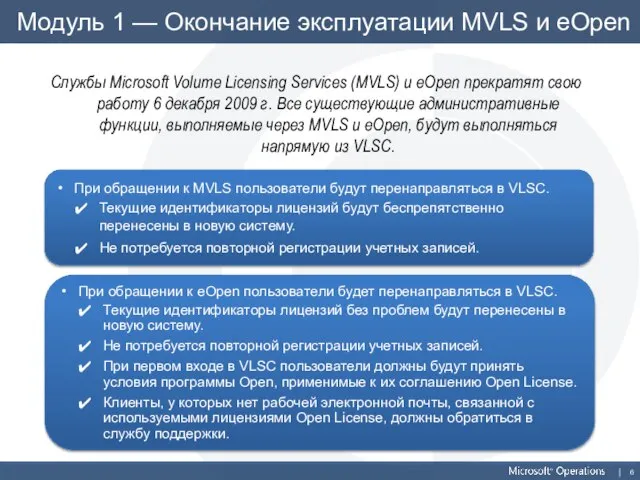 Модуль 1 — Окончание эксплуатации MVLS и eOpen Службы Microsoft Volume Licensing