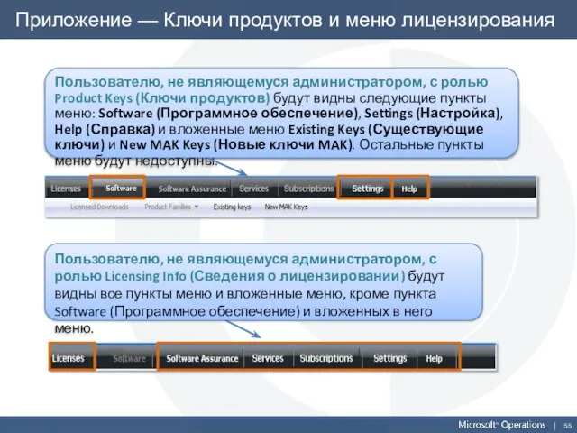 Приложение — Ключи продуктов и меню лицензирования Пользователю, не являющемуся администратором, с