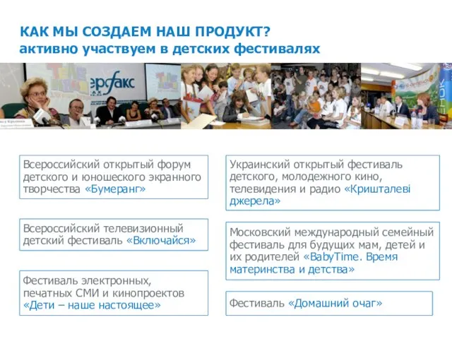 КАК МЫ СОЗДАЕМ НАШ ПРОДУКТ? активно участвуем в детских фестивалях Всероссийский открытый