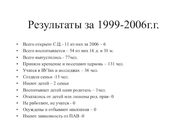 Результаты за 1999-2006г.г. Всего открыто С.Ц.- 11 из них за 2006 –