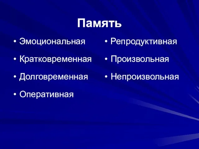 Память Эмоциональная Кратковременная Долговременная Оперативная Репродуктивная Произвольная Непроизвольная