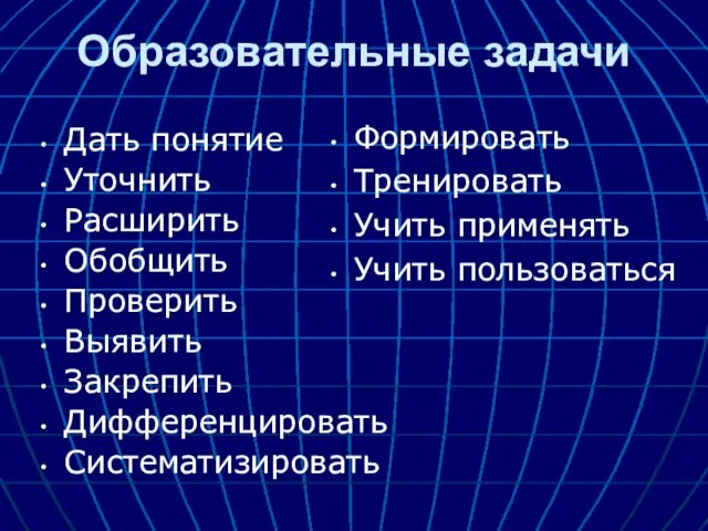 Образовательные задачи Дать понятие Уточнить Расширить Обобщить Проверить Выявить Закрепить Дифференцировать Систематизировать