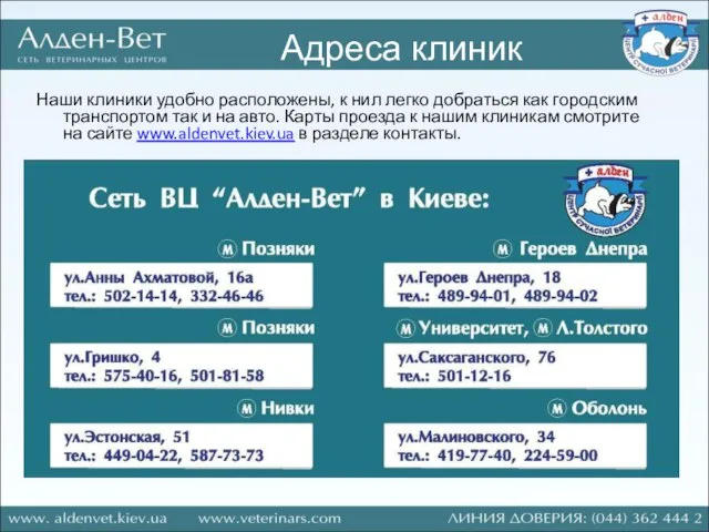 Адреса клиник Наши клиники удобно расположены, к нил легко добраться как городским