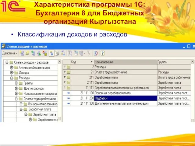 Классификация доходов и расходов Характеристика программы 1С:Бухгалтерия 8 для Бюджетных организаций Кыргызстана