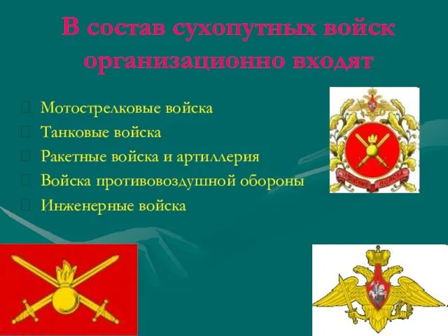 В состав сухопутных войск организационно входят Мотострелковые войска Танковые войска Ракетные войска