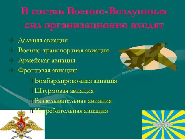 В состав Военно-Воздушных сил организационно входят Дальняя авиация Военно-транспортная авиация Армейская авиация