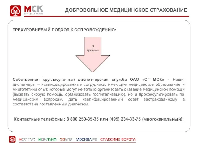 ДОБРОВОЛЬНОЕ МЕДИЦИНСКОЕ СТРАХОВАНИЕ ТРЕХУРОВНЕВЫЙ ПОДХОД К СОПРОВОЖДЕНИЮ: Собственная круглосуточная диспетчерская служба ОАО