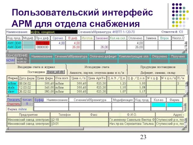 Пользовательский интерфейс АРМ для отдела снабжения