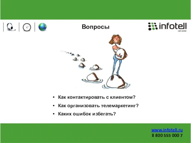 Вопросы Как контактировать с клиентом? Как организовать телемаркетинг? Каких ошибок избегать? www.infotell.ru