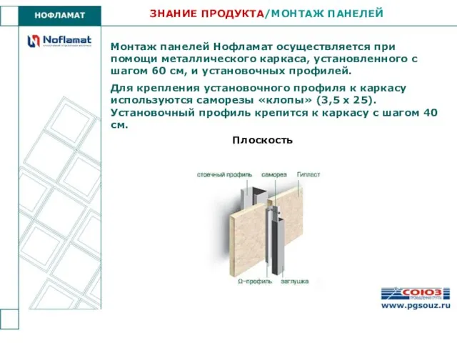 Монтаж панелей Нофламат осуществляется при помощи металлического каркаса, установленного с шагом 60