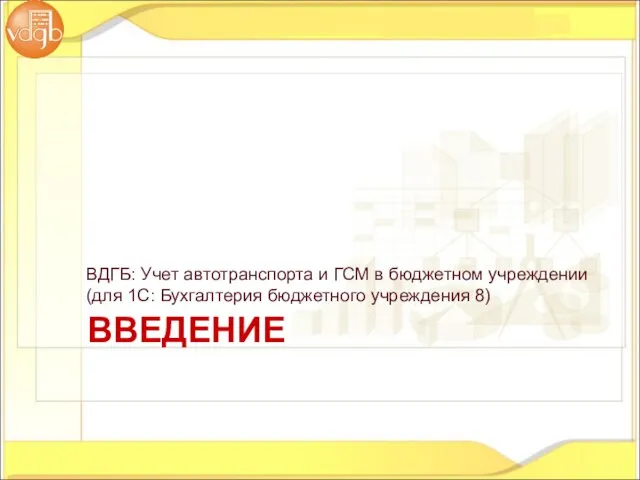 ВДГБ: Учет автотранспорта и ГСМ в бюджетном учреждении (для 1С: Бухгалтерия бюджетного учреждения 8) ВВЕДЕНИЕ