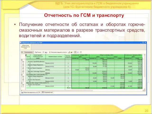 Получение отчетности об остатках и оборотах горюче-смазочных материалов в разрезе транспортных средств,