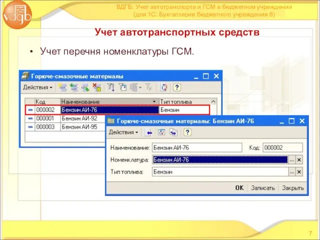 Учет перечня номенклатуры ГСМ. ВДГБ: Учет автотранспорта и ГСМ в бюджетном учреждении