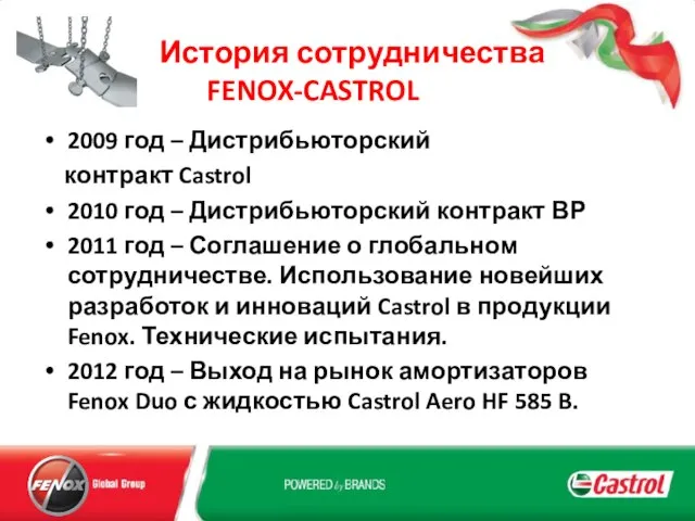 История сотрудничества FENOX-CASTROL 2009 год – Дистрибьюторский контракт Castrol 2010 год –