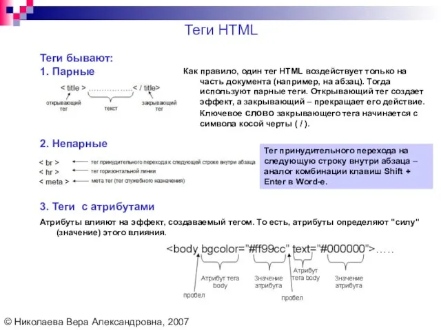 Теги бывают: 1. Парные Теги HTML © Николаева Вера Александровна, 2007 Тег