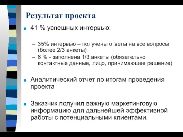 Результат проекта 41 % успешных интервью: 35% интервью – получены ответы на