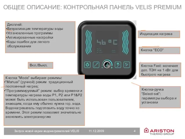 ОБЩЕЕ ОПИСАНИЕ: КОНТРОЛЬНАЯ ПАНЕЛЬ VELIS PREMIUM Дисплей: Визуализация температуры воды Установленные программы